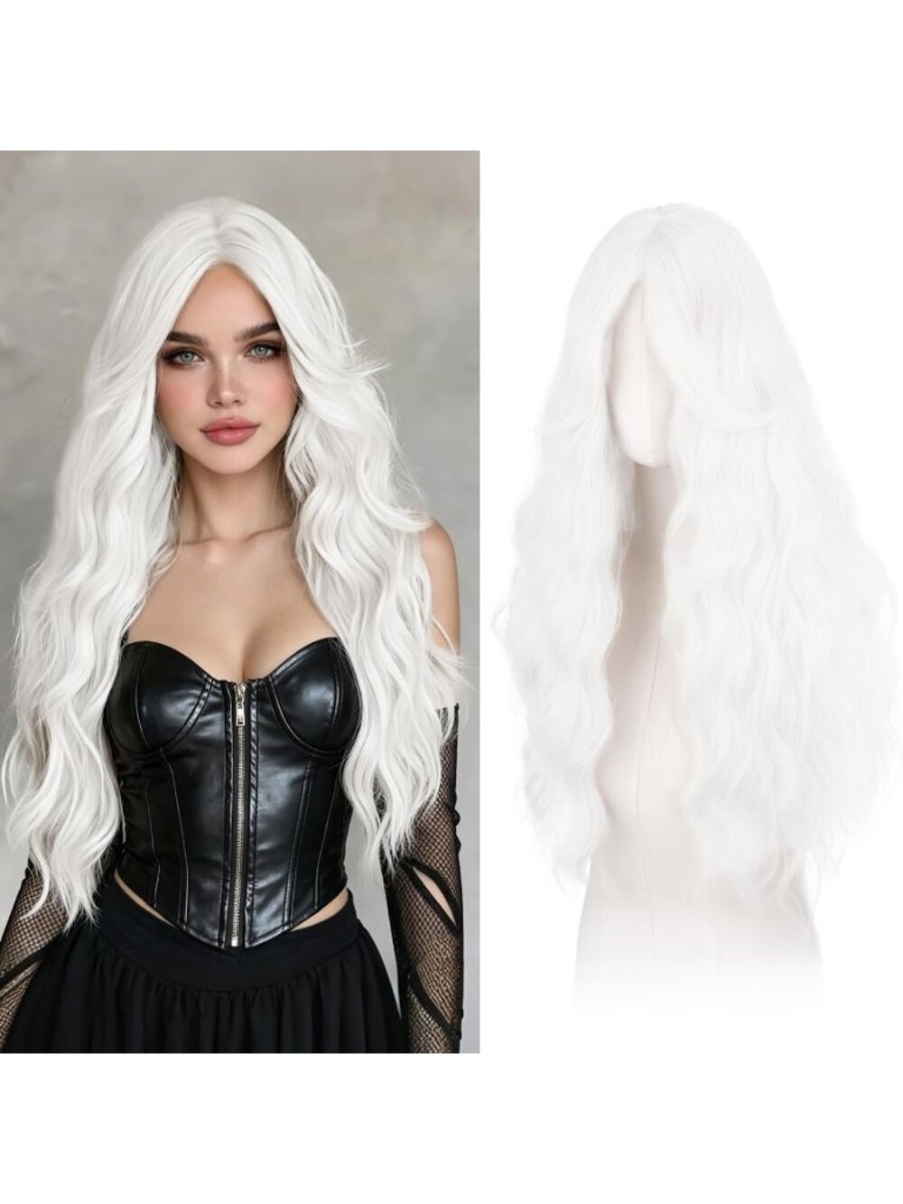 Women's White 26 Inch Heat Resistant Curtain Bangs Long Wavy Wigs